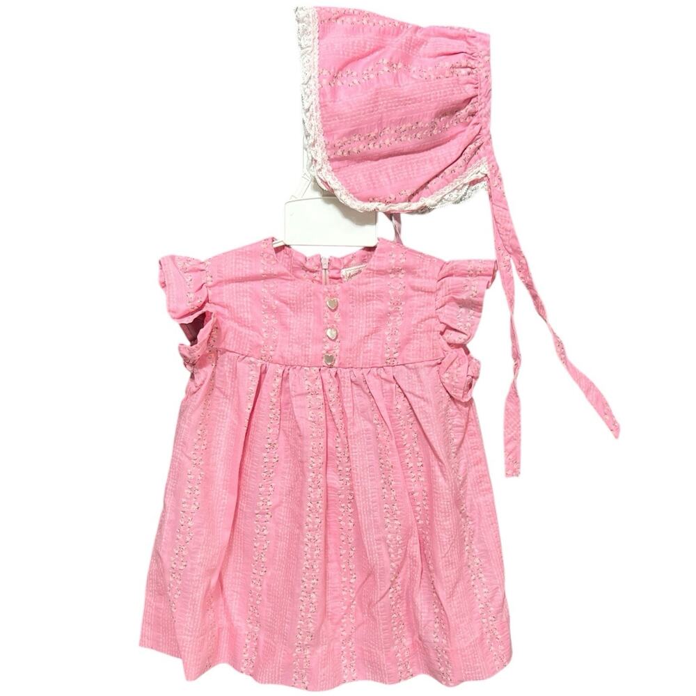 Vtg Baby Girl Jacquard Floral Dress Bonnet Set Sz 3-9m Cottage Fairy Lace Ruffle